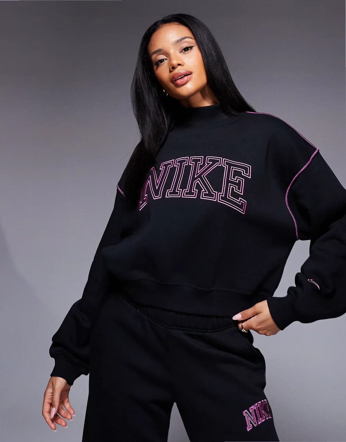 retro logo mock neck sweatshirt in black and pink