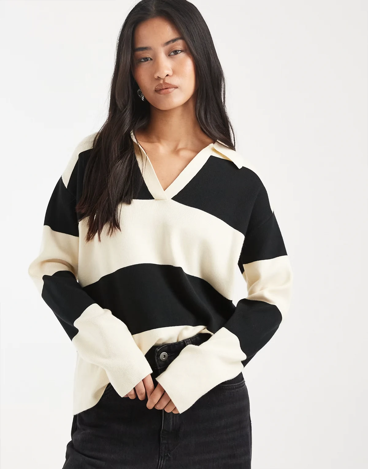 polo rugby top in black and ecru stripe