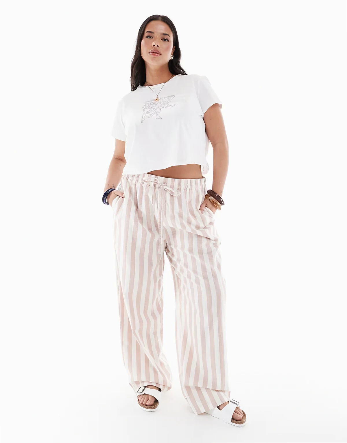 ASOS DESIGN Curve – Wciągane spodnie zwężane o wyglądzie lnu ze wzorem w beżoworóżowe paski