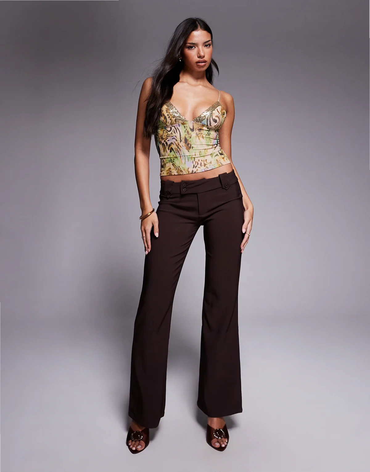 Kittie low rise tailored button detail flared pants in chocolate