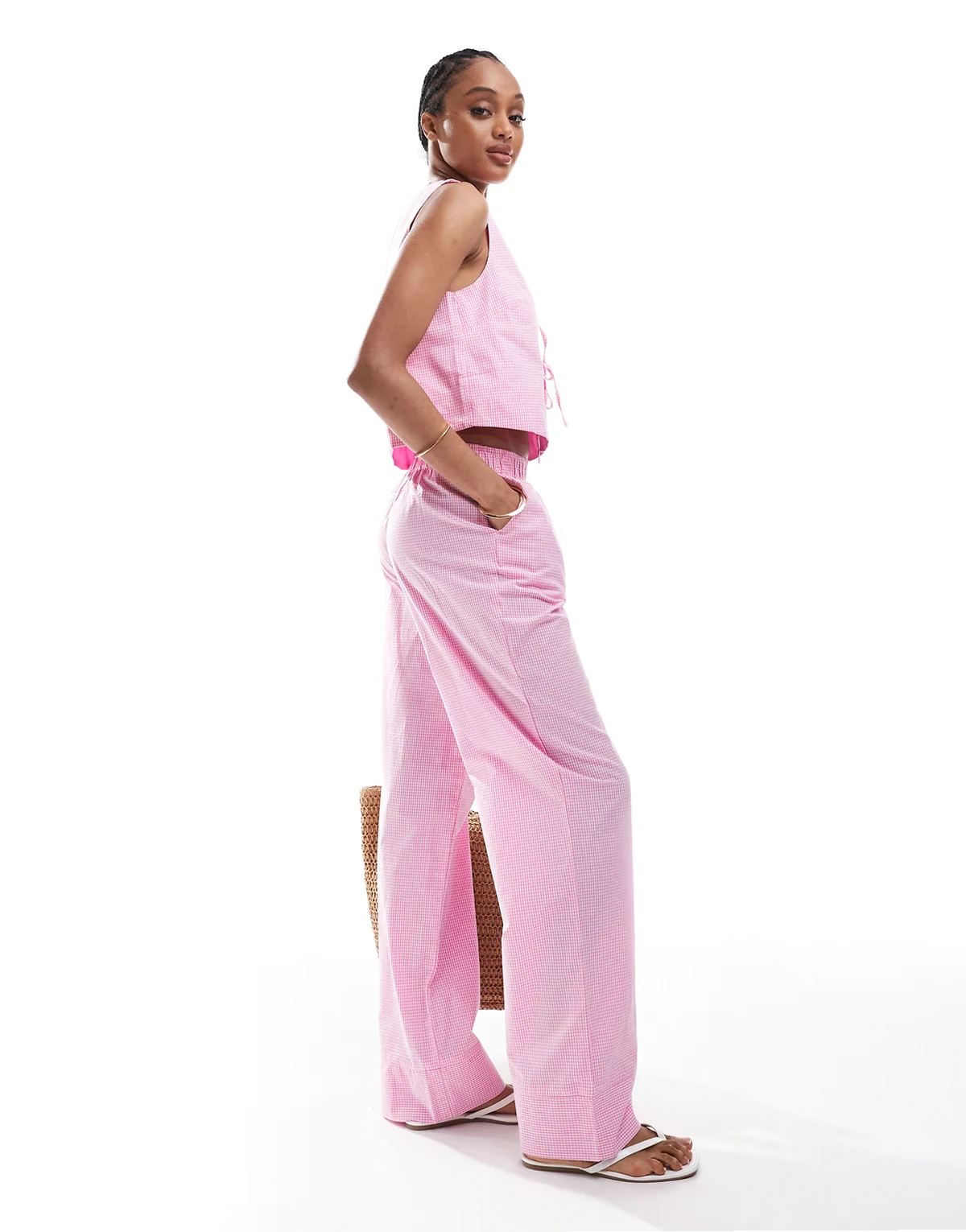 wide leg boxer detail pants in pink gingham - part of a set