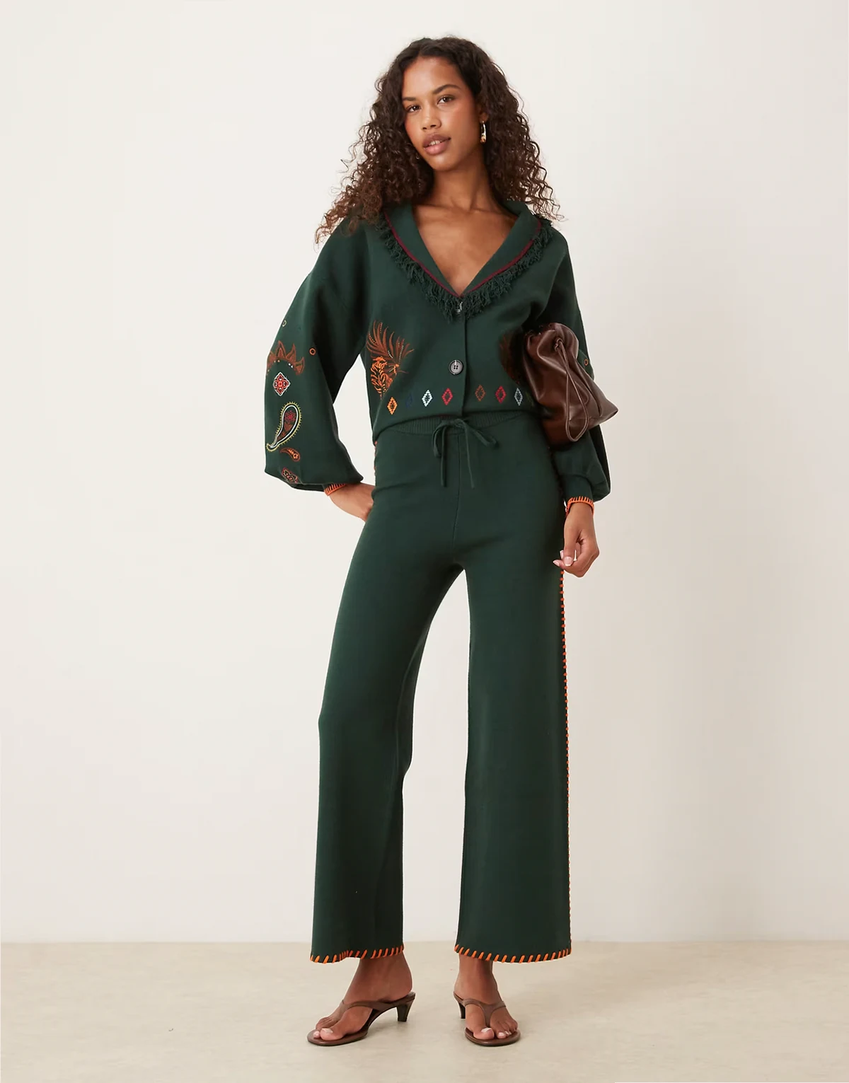 safari embroidered knit pants in bottle green - part of a set