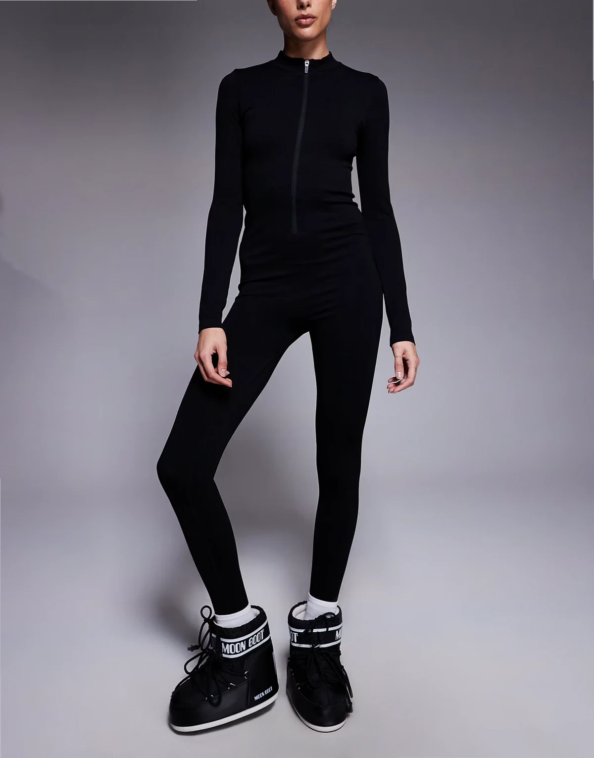 Tall seamless zip front catsuit in black