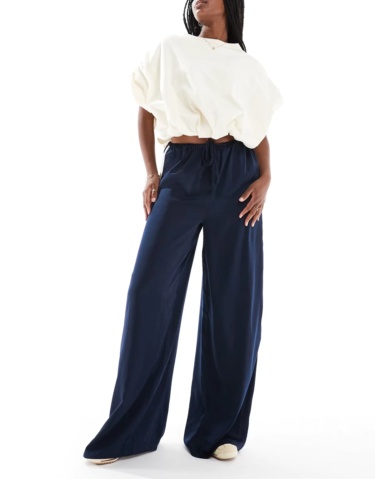 satin wide leg side stripe pants in navy