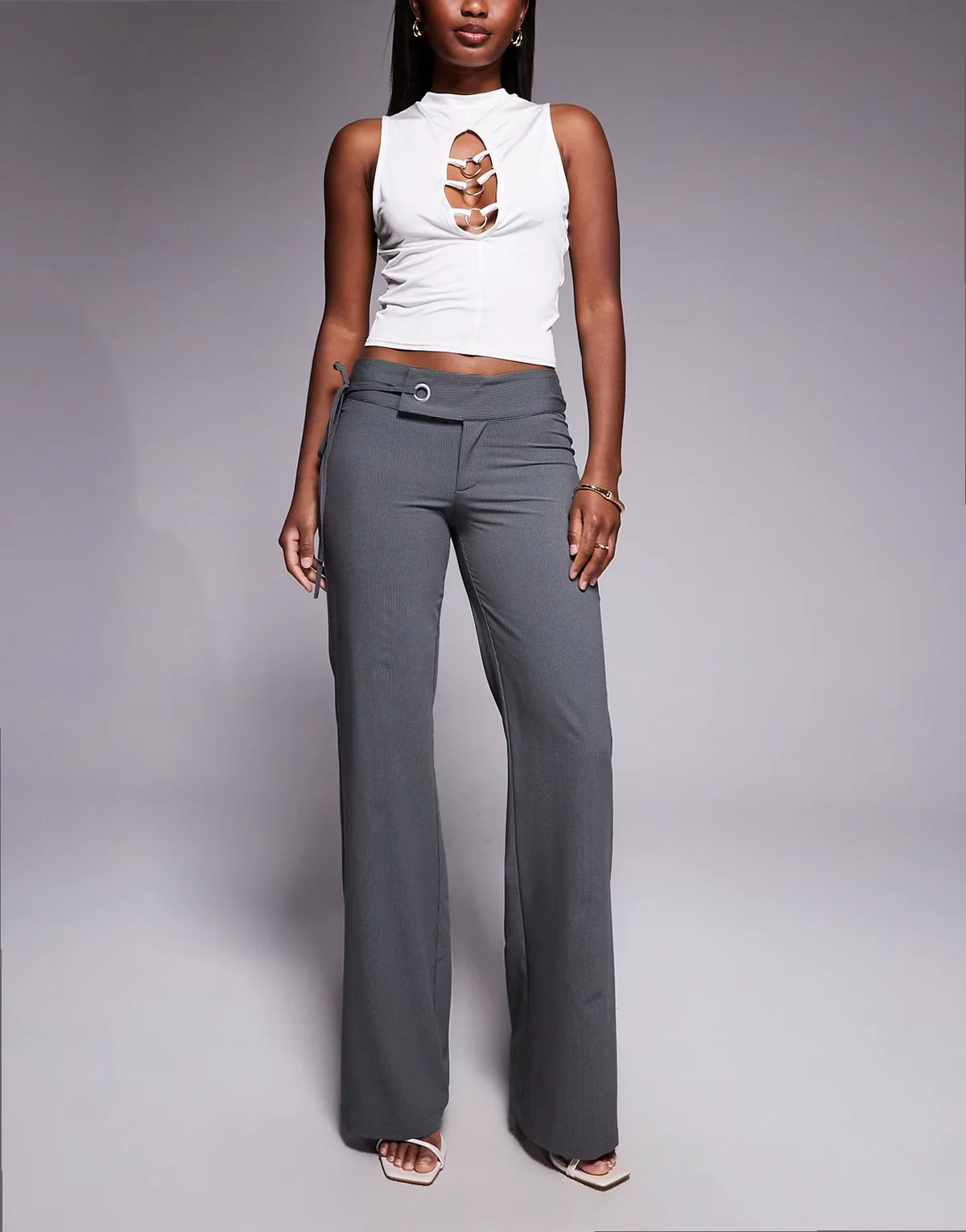 Emory 90s tailored low rise eyelet tie side detail flared pants in charcoal pinstripe