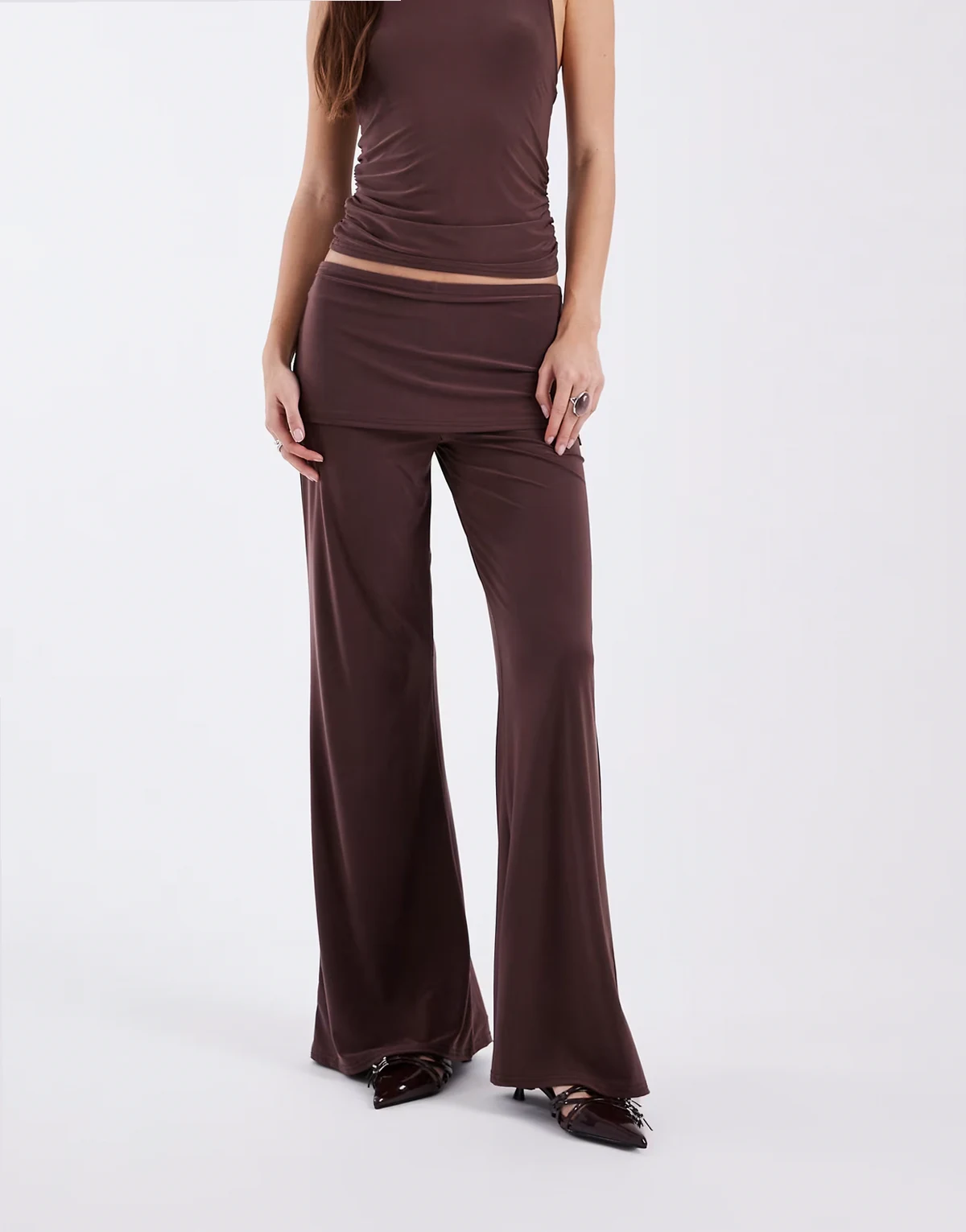 slinky skirted pants in deep chocolate - part of a set