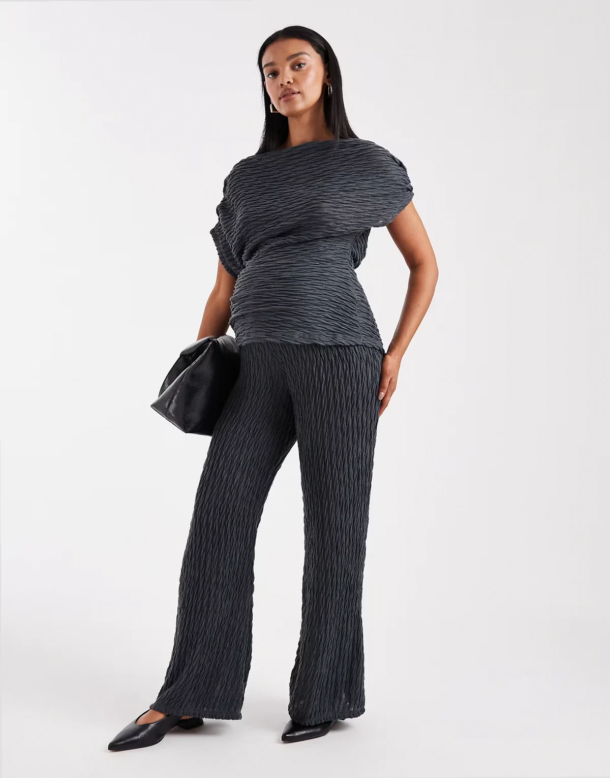 – Hose aus strukturiertem Jersey in Asphaltgrau mit weitem Bein, Kombiteil, Umstandsmode