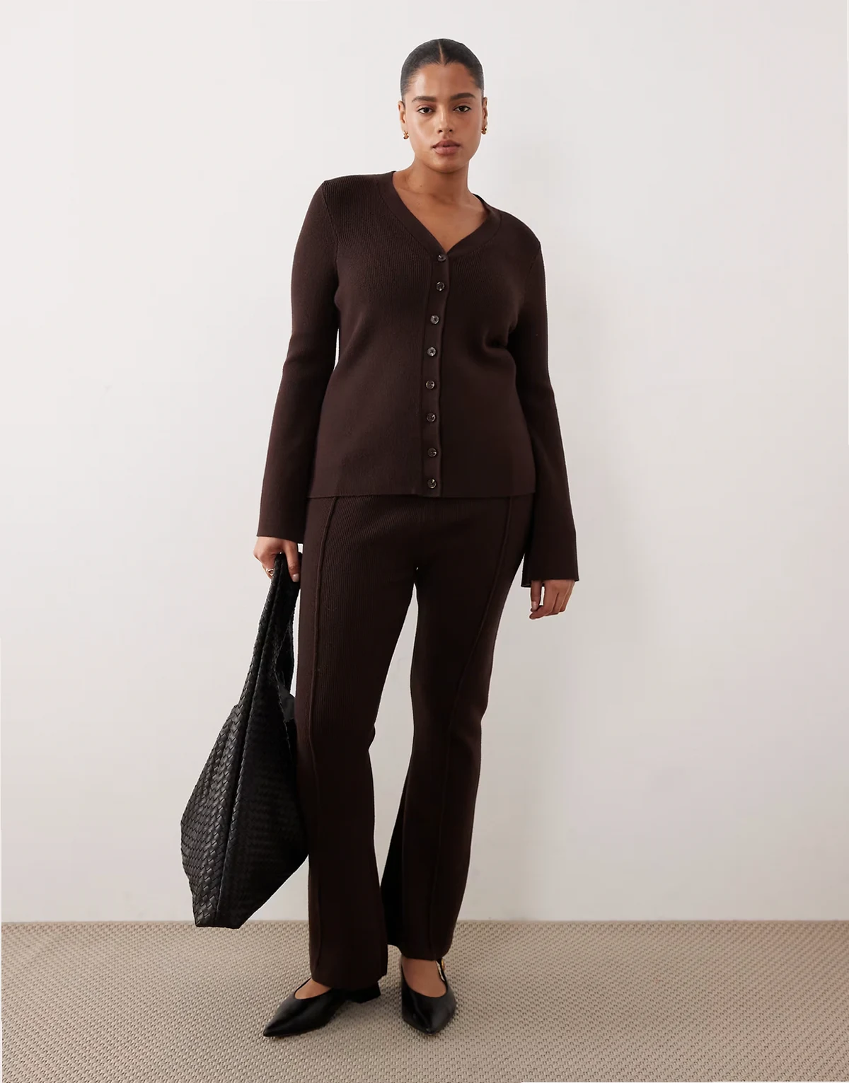 ASOS DESIGN Curve ribbed wide leg pants in chocolate - part of a set