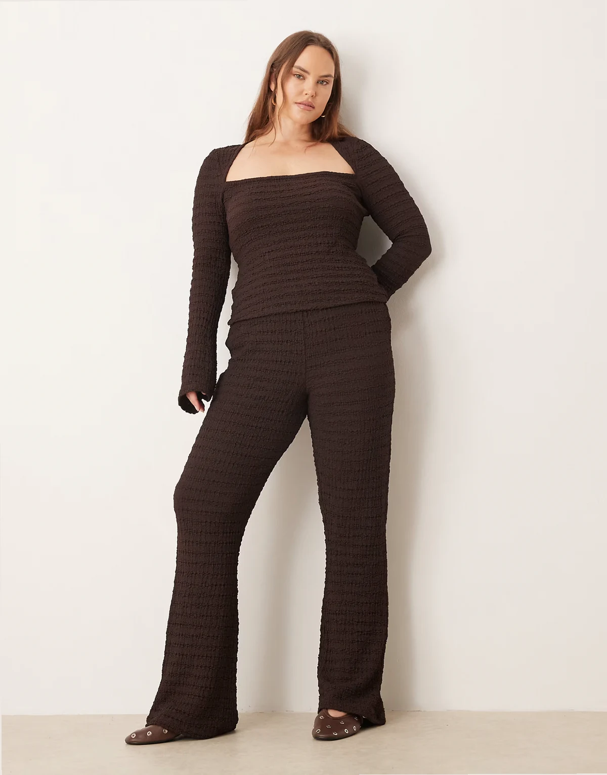 ASOS DESIGN Curve high waist textured flare pants in chocolate - part of a set