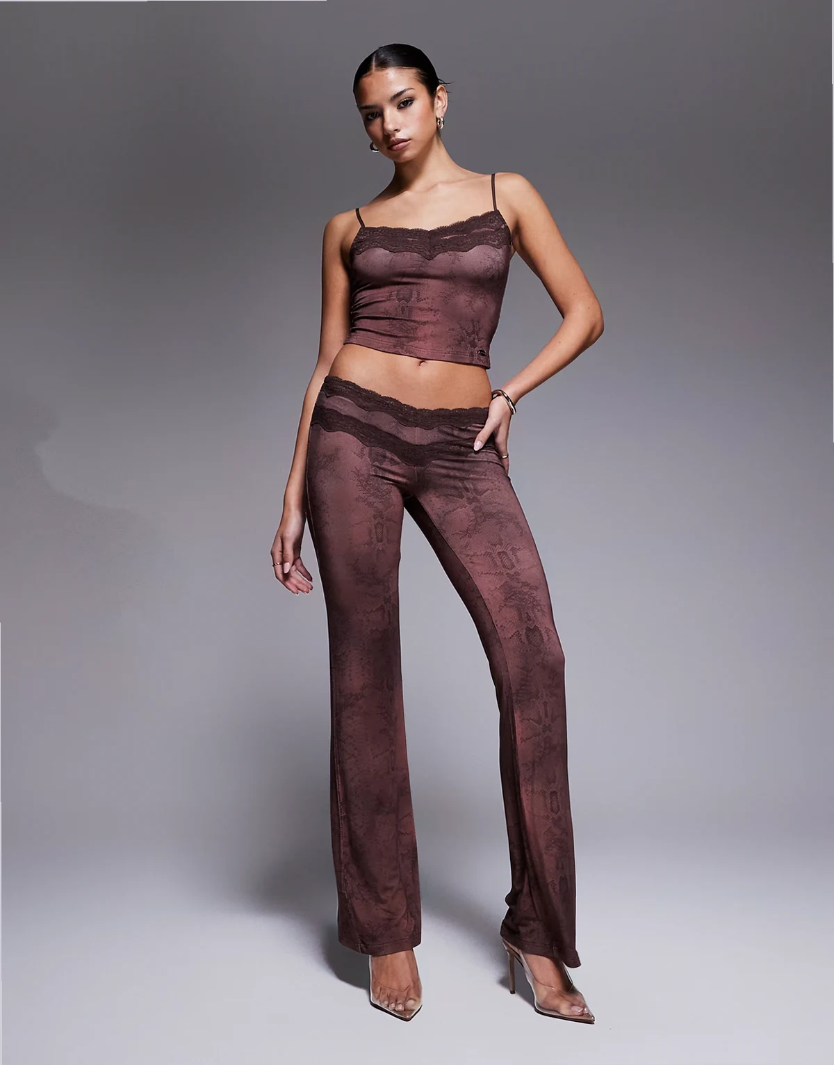 Beau double lace trim v front flared pants in brown snake print - part of a set