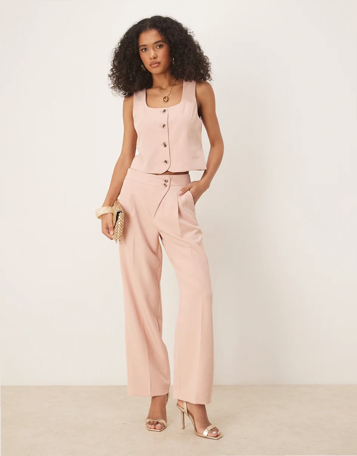 pleat front tailored wide leg pants in peach whip - part of a set