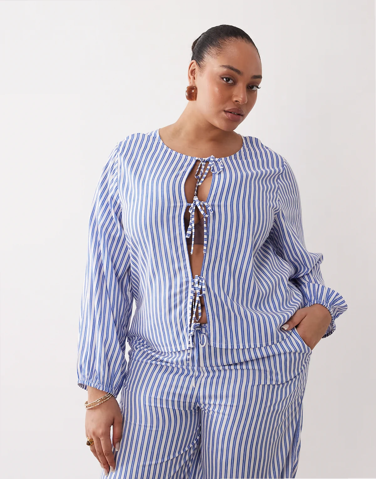 Esmée Curve tie front long sleeve beach top in blue & white stripes - part of a set