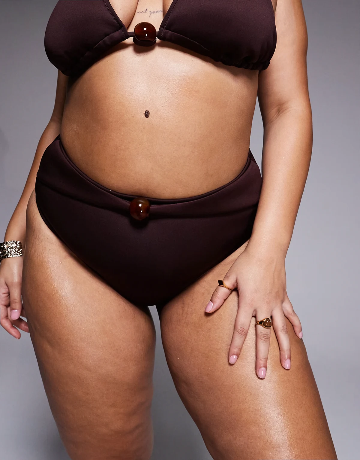 ASOS DESIGN Curve Dora premium high leg high waist belted bikini bottoms with jumbo bead in chocolate