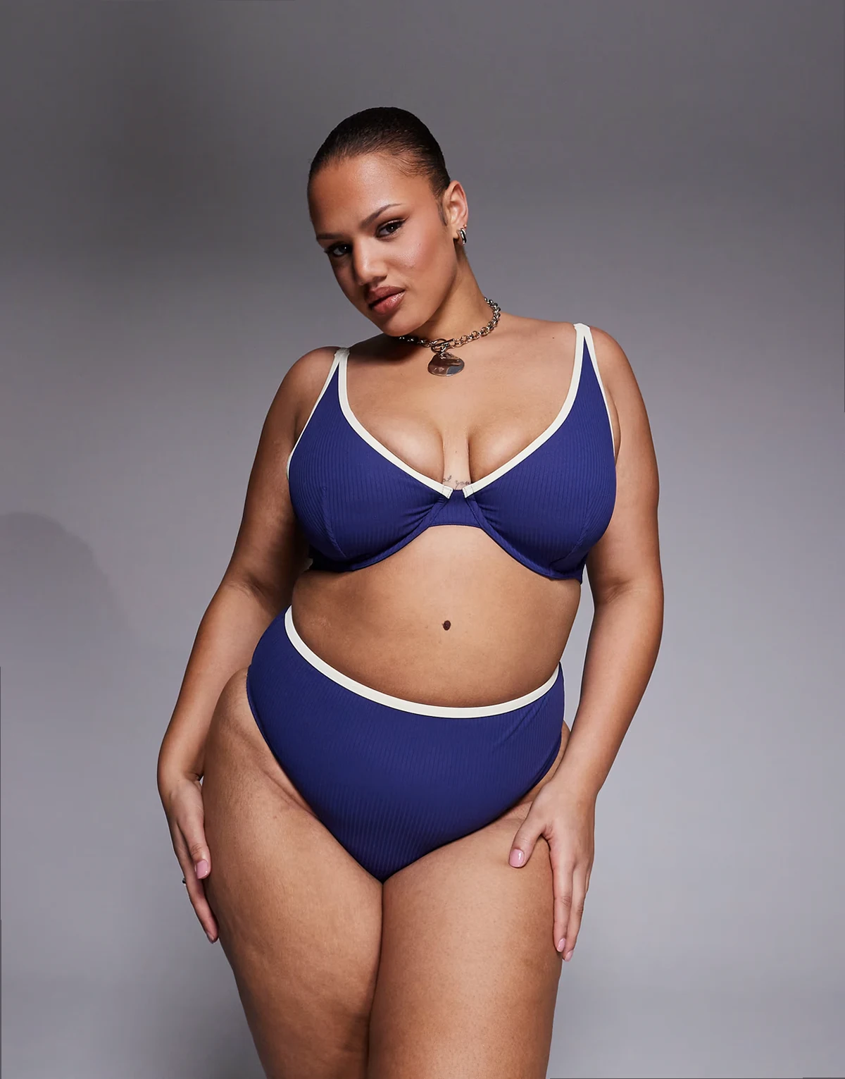 ASOS DESIGN Curve Ronnie ribbed contrast binding Azores high leg high waist bikini bottom in navy and cream