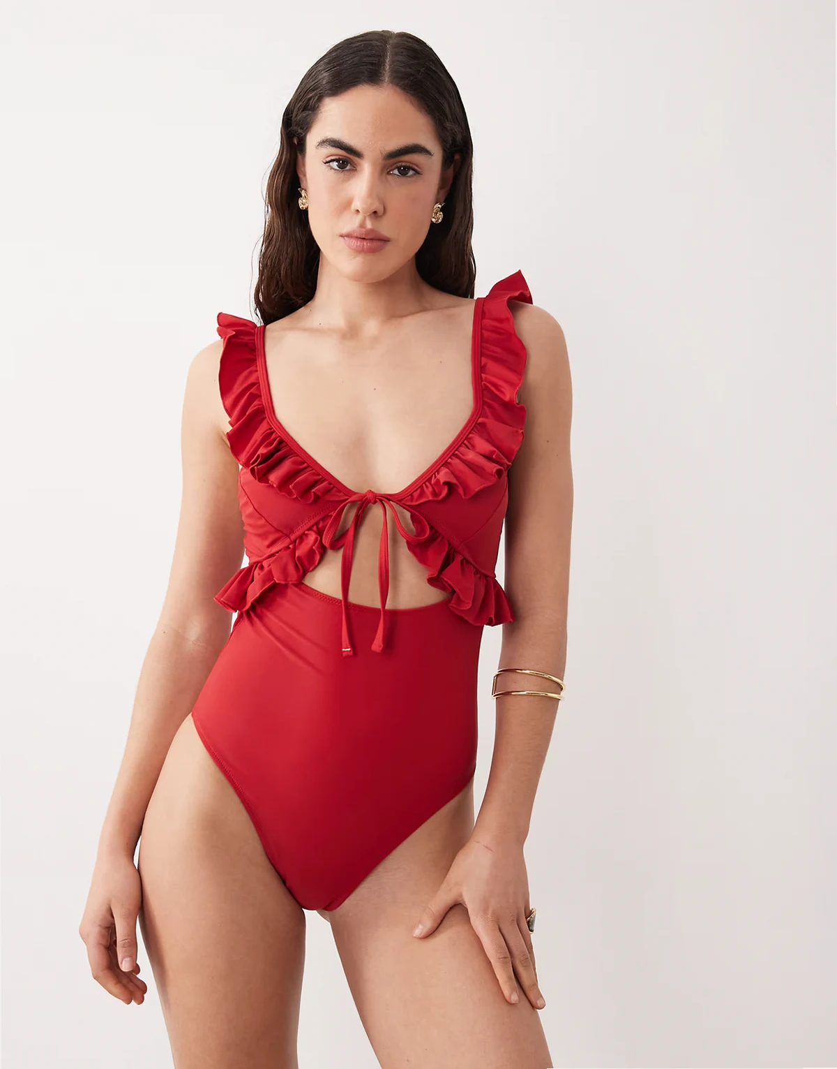 frill cut out swimsuit in red