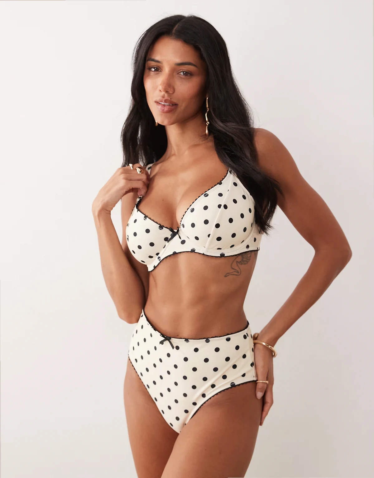 high waist bikini bottom with trim detail in black & white polka dot
