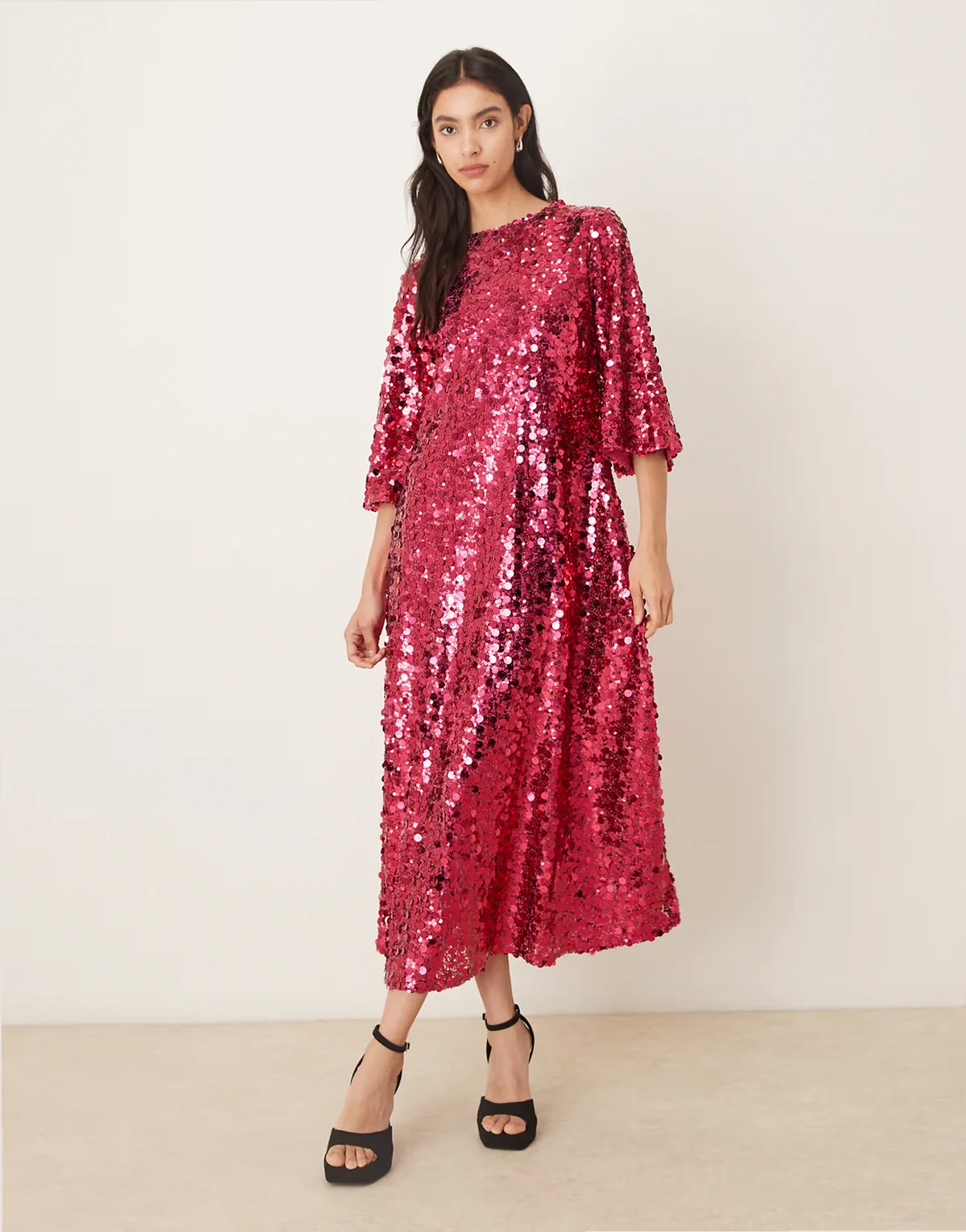 Empire sequin flutter sleeve midaxi dress in pink