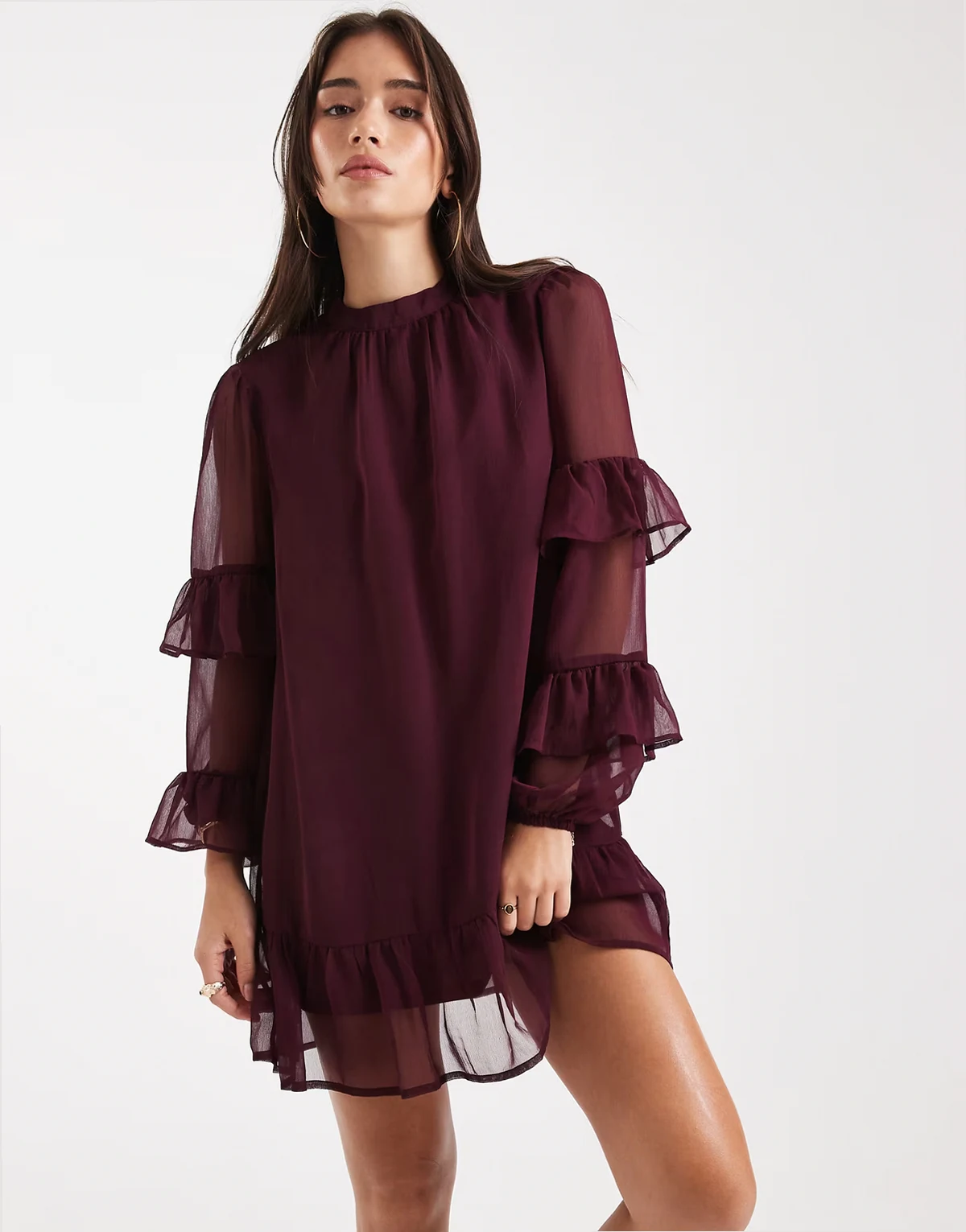 long sleeve high neck ruffle detailed mini dress in burgundy