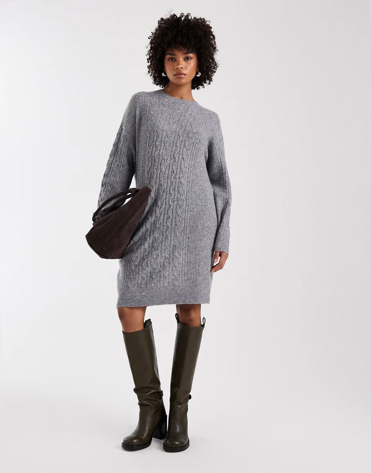 – Mini-Strickkleid in Mittelgrau meliert mit Zopfmuster
