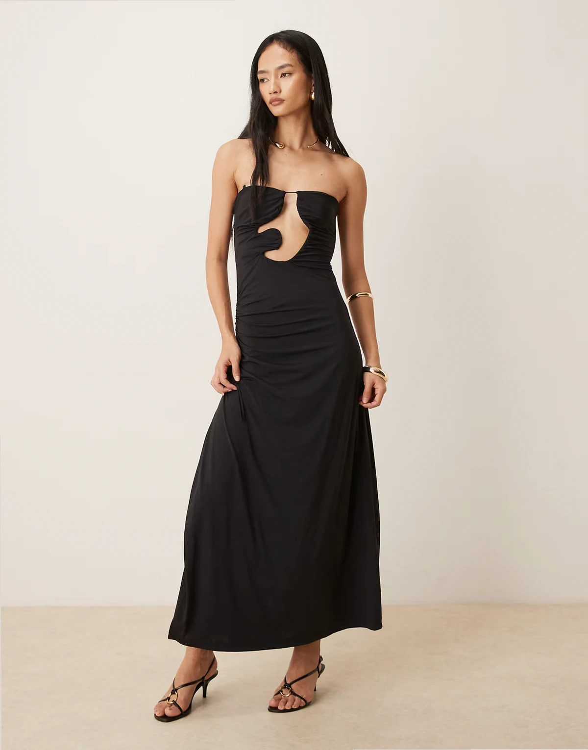 Alberta slinky bandeau abstract cutout detail gathered tie side maxi dress in black