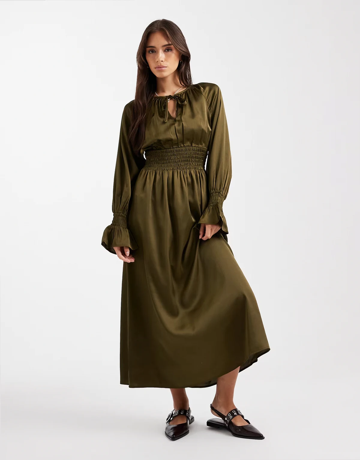 long sleeve boho midaxi dress in green
