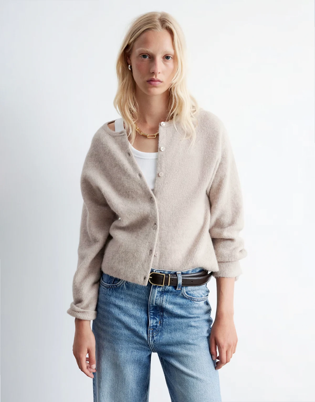 alpaca and wool cardigan with button front in light mole