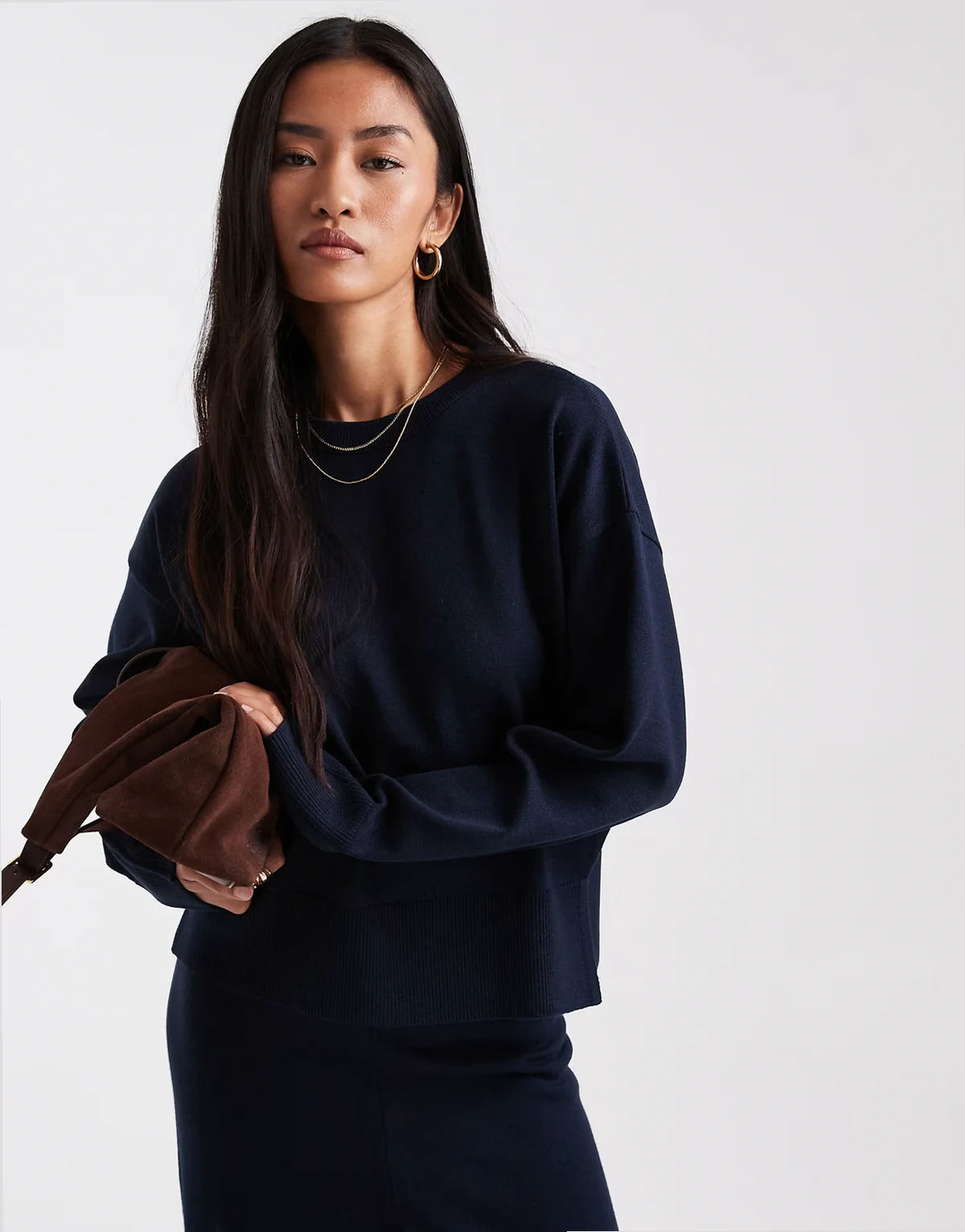 structured boxy crew neck sweater with side split detail in navy - part of a set
