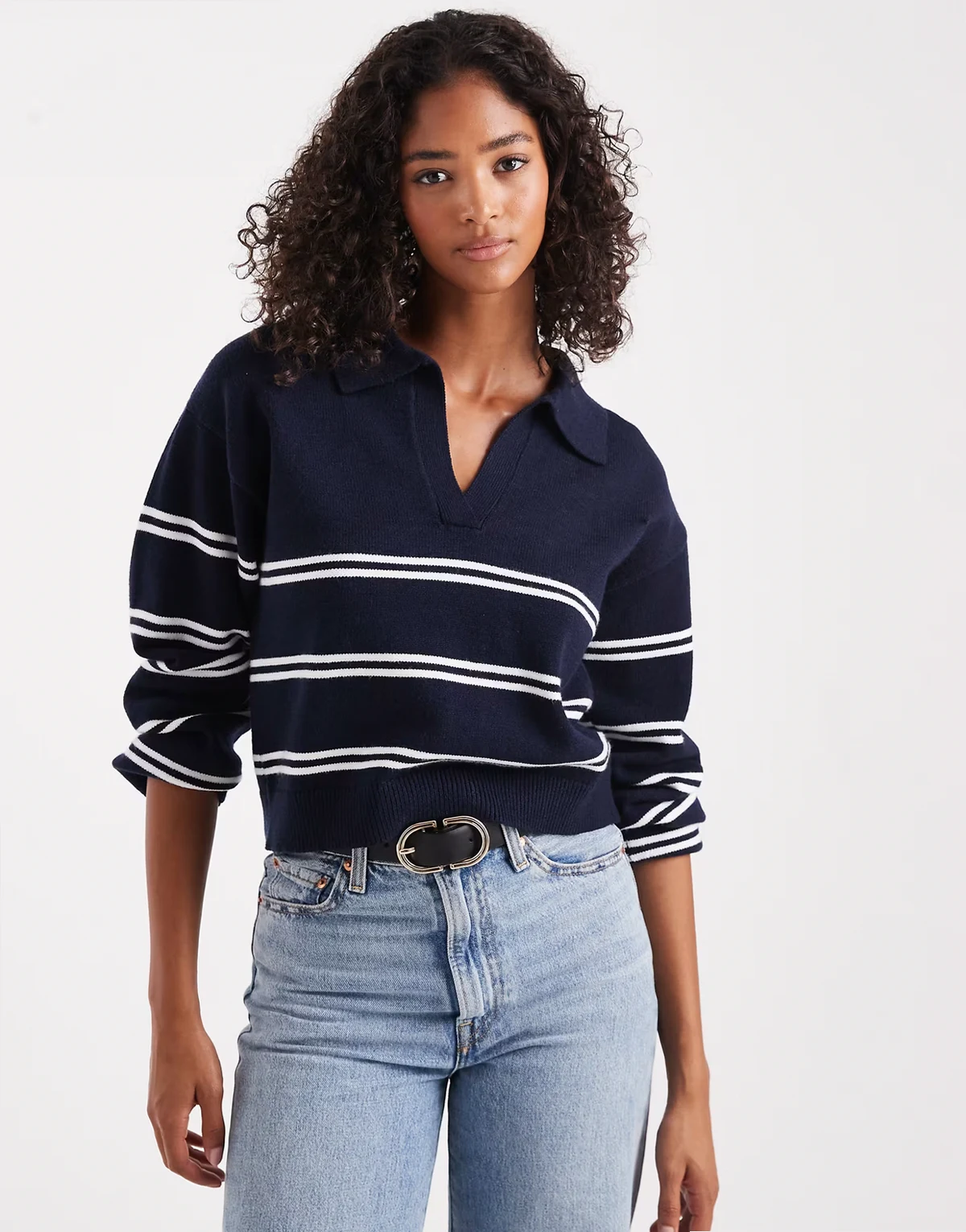 Luxe – Granatowy sweter w paski z kołnierzem