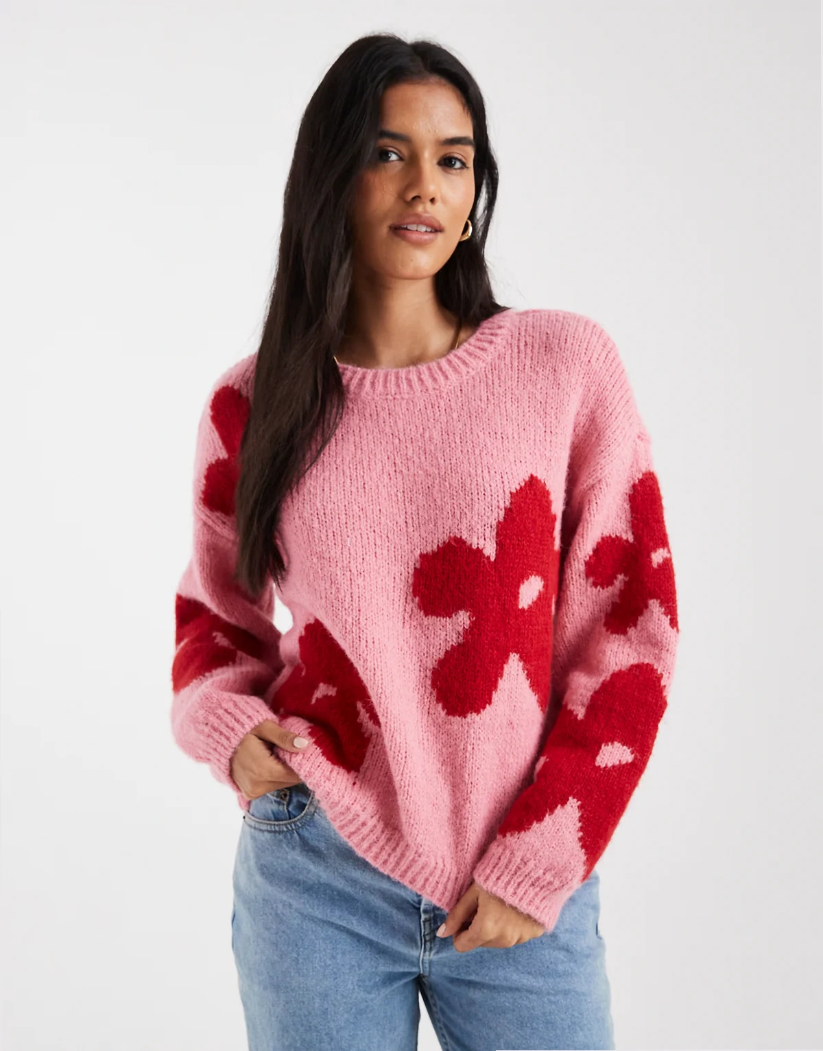 – Strickpullover in Rosa mit Blumendetails