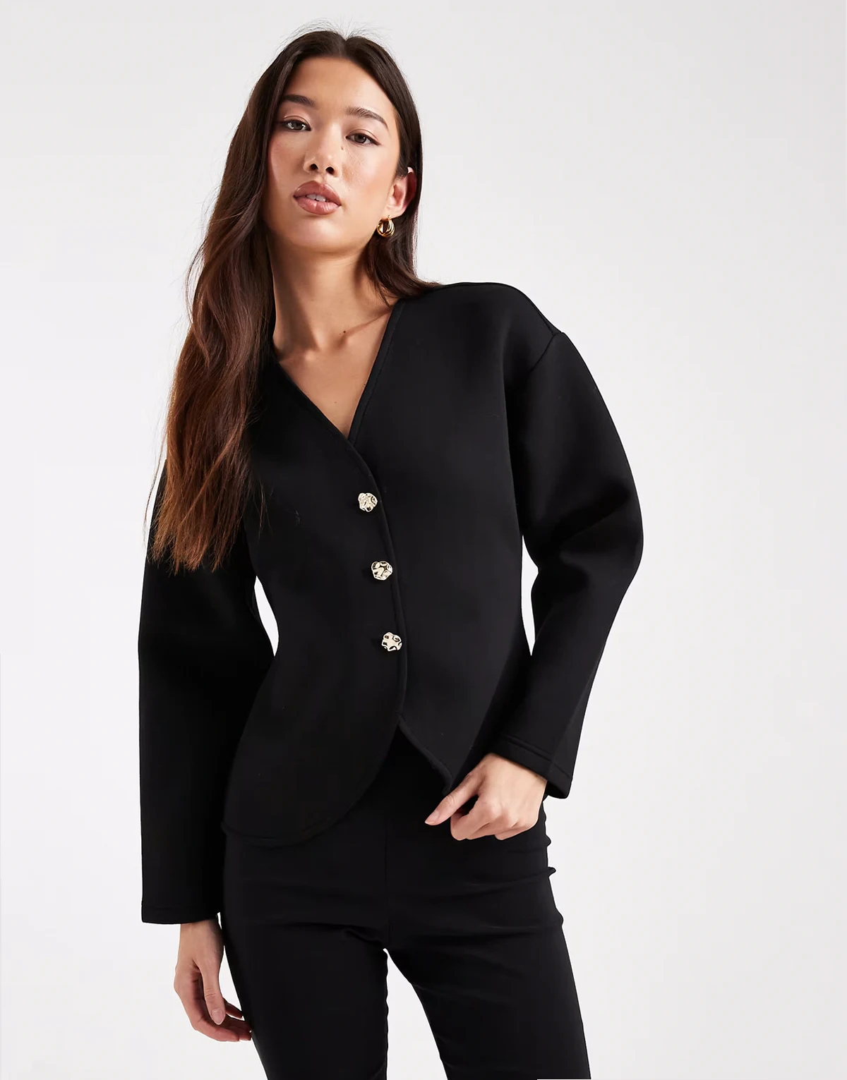 – Strukturierter Cardigan in Schwarz aus Stoff in Neoprenoptik