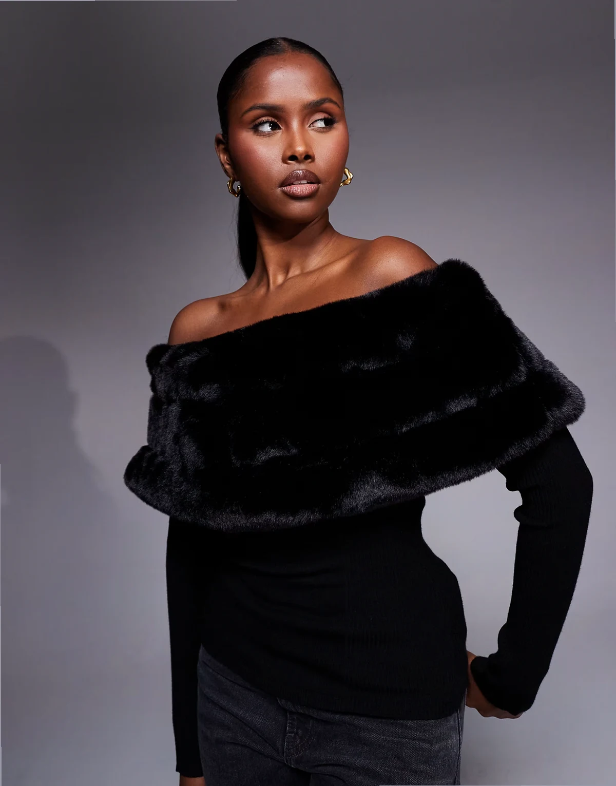 faux fur trim off the shoulder sweater in black
