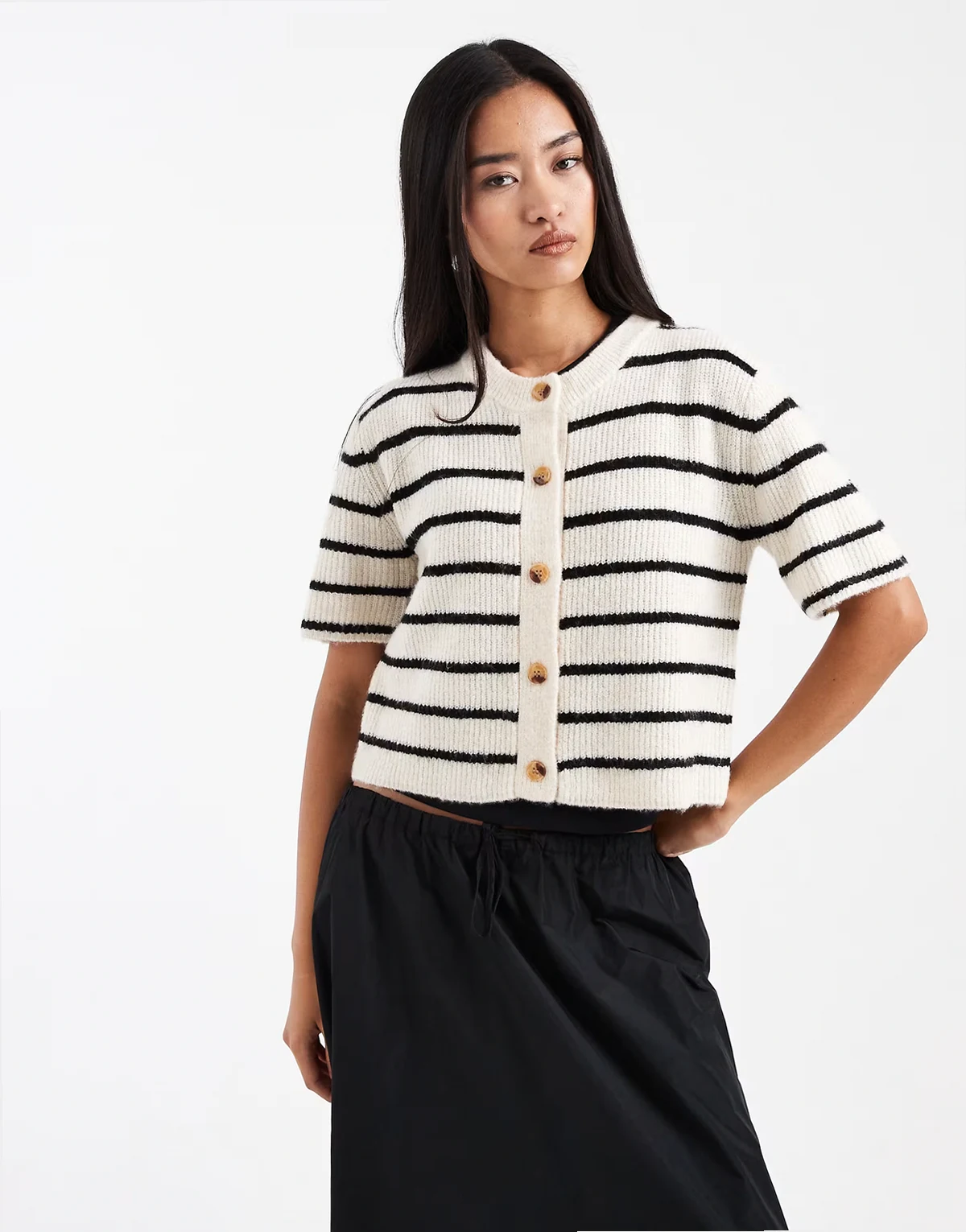 crew neck knit short sleeve cardigan in black and ivory stripe
