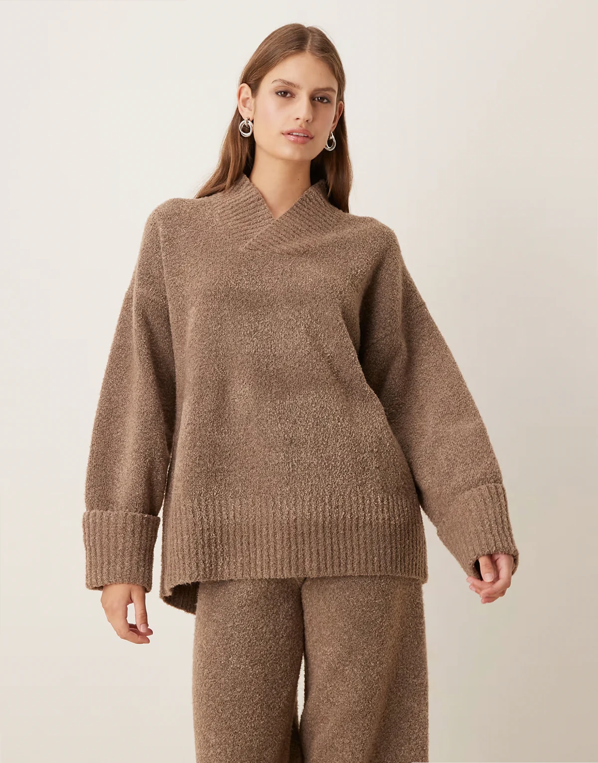 textured knit wrap high v neck sweater in deep taupe - part of a set