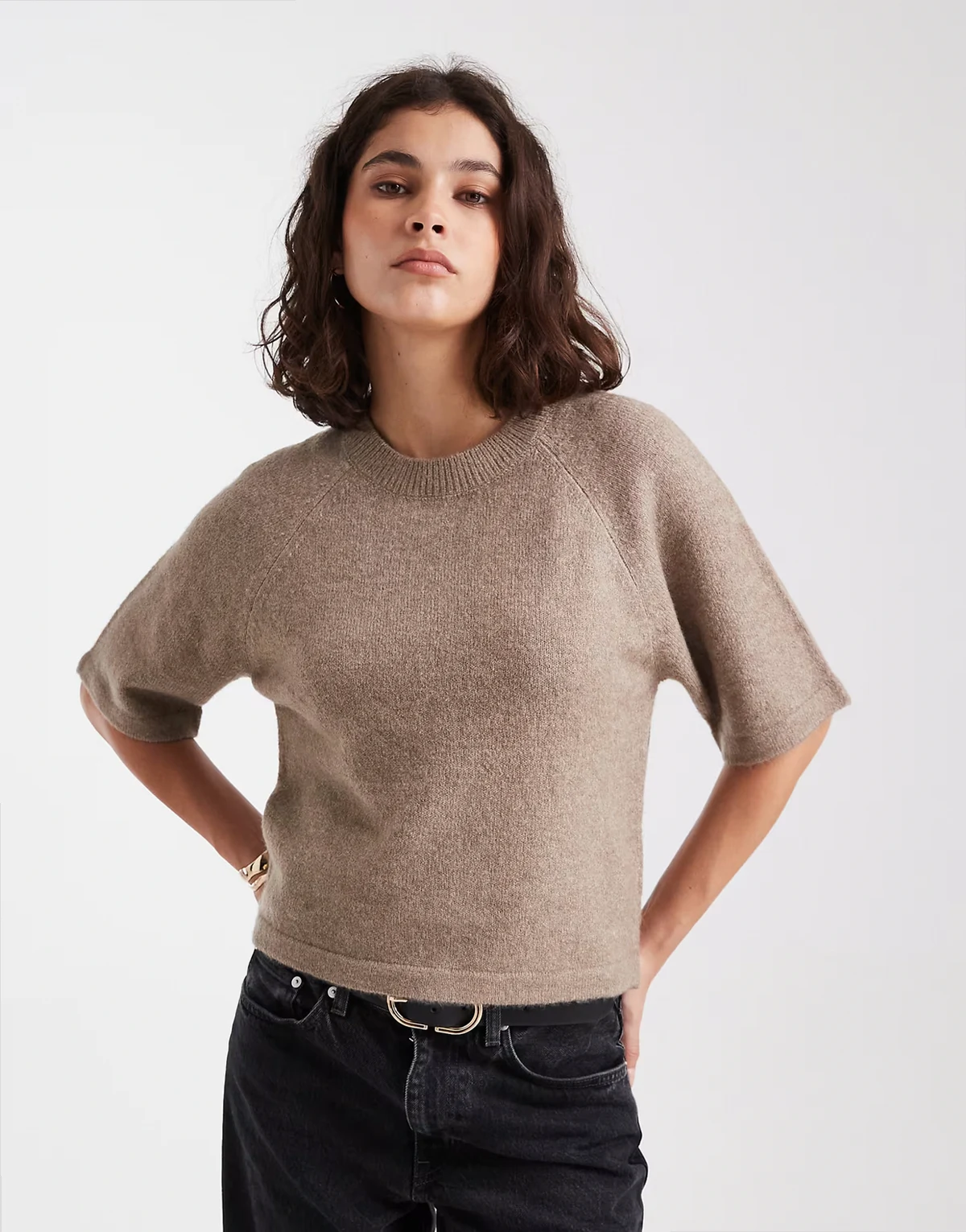 crew neck short sleeve knit T-shirt in mink