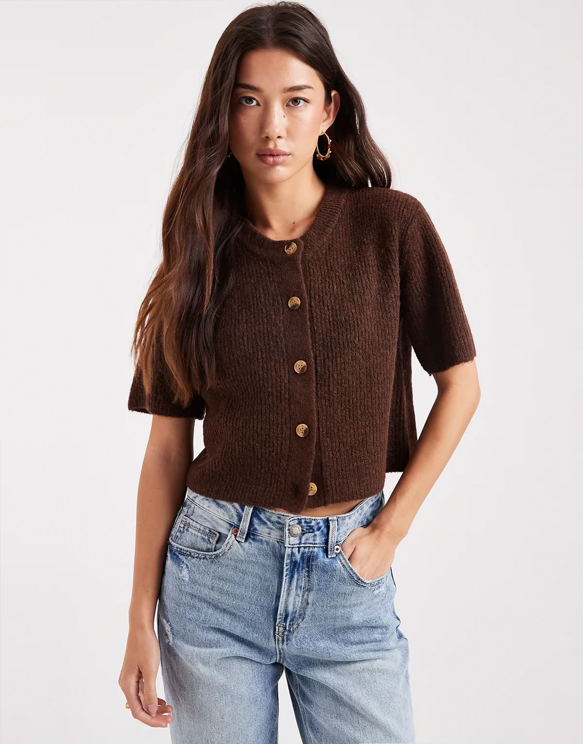 crew neck knit short sleeve cardigan in chocolate brown