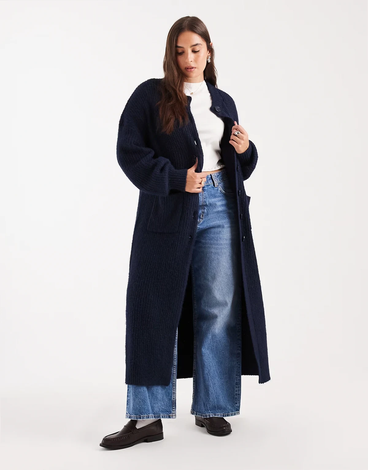 ASOS DESIGN Curve – Granatowy kardigan o wydłużonym fasonie z okrągłym dekoltem
