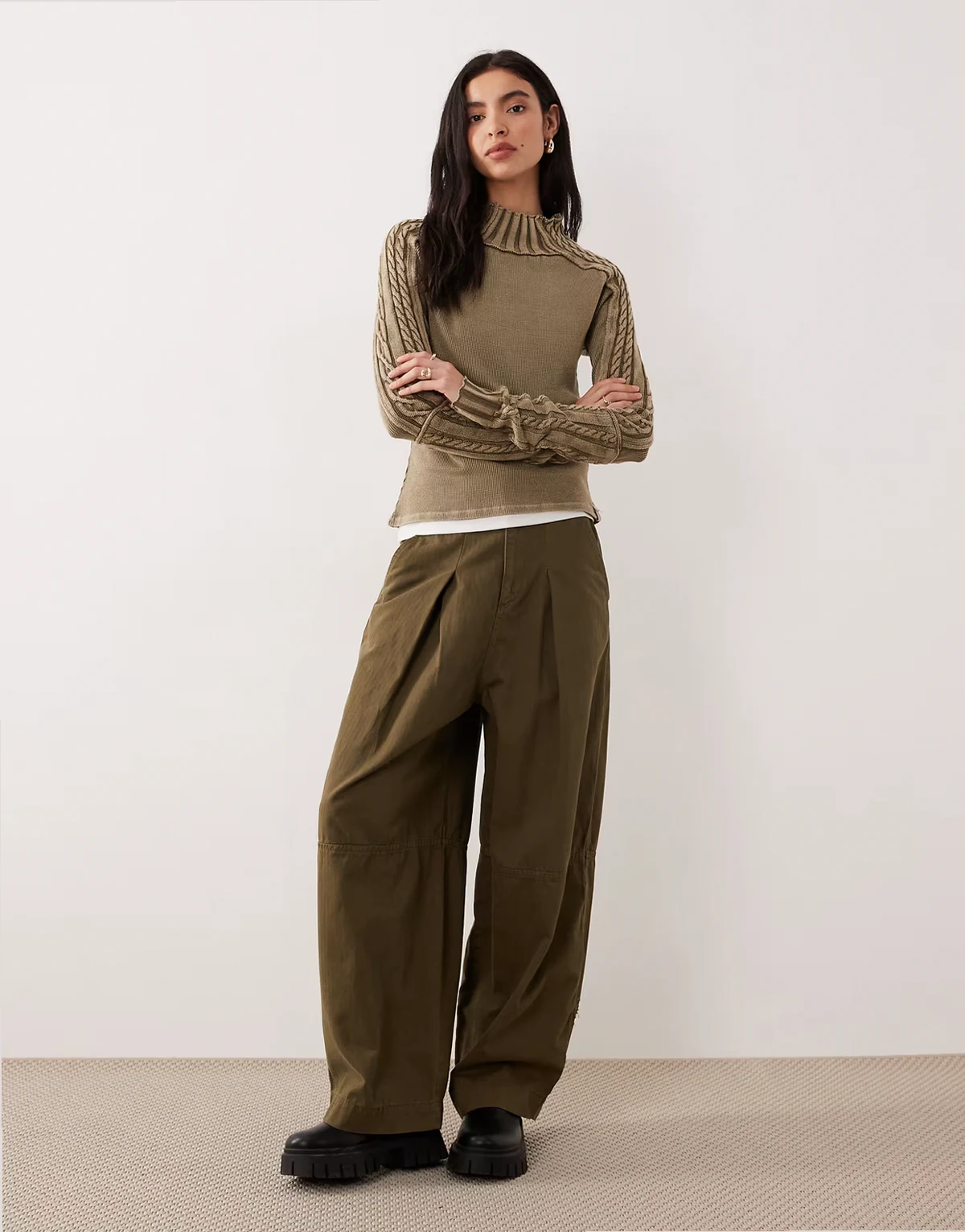breezy high neck rib knit long sleeve sweater in khaki-green fossil dune