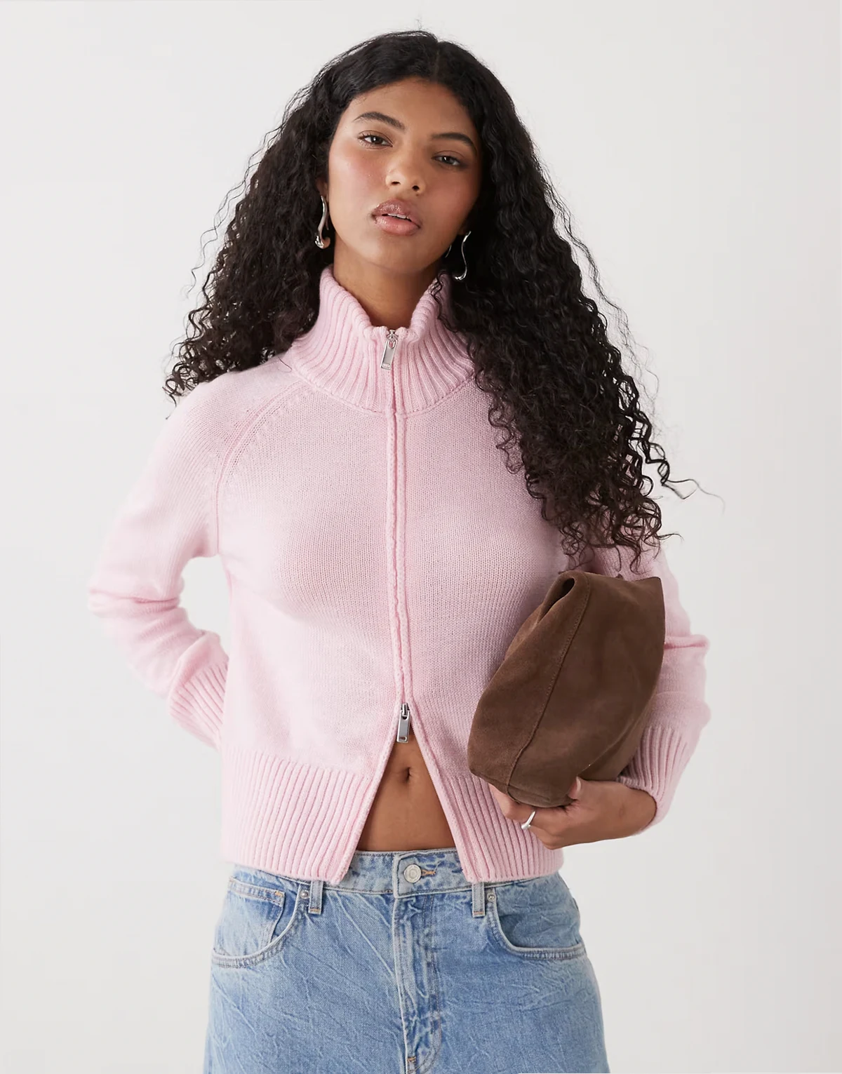 – Raglan-Strickjacke in Rosa mit Trichterkragen und durchgehendem Reißverschluss