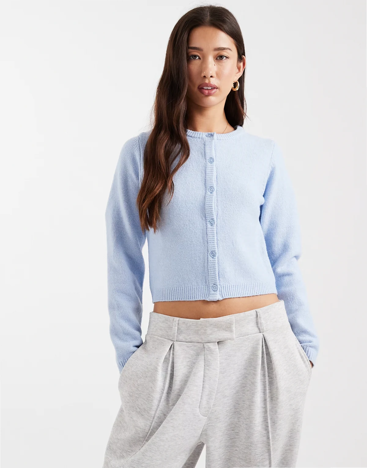 crew neck knit soft touch cardigan in light blue