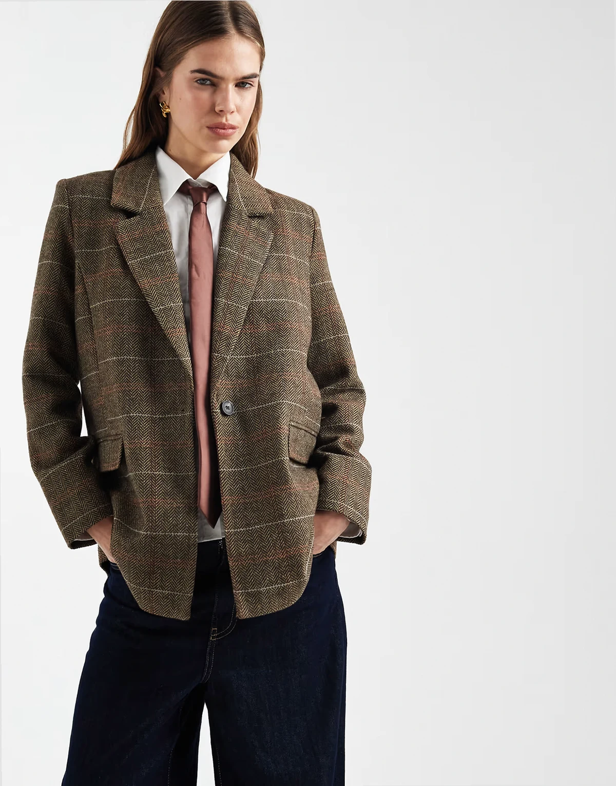 – Karierter Blazer-Mantel in Hellbraun