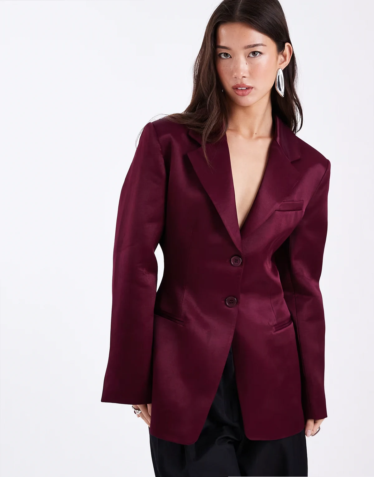 cinched satin blazer in plum