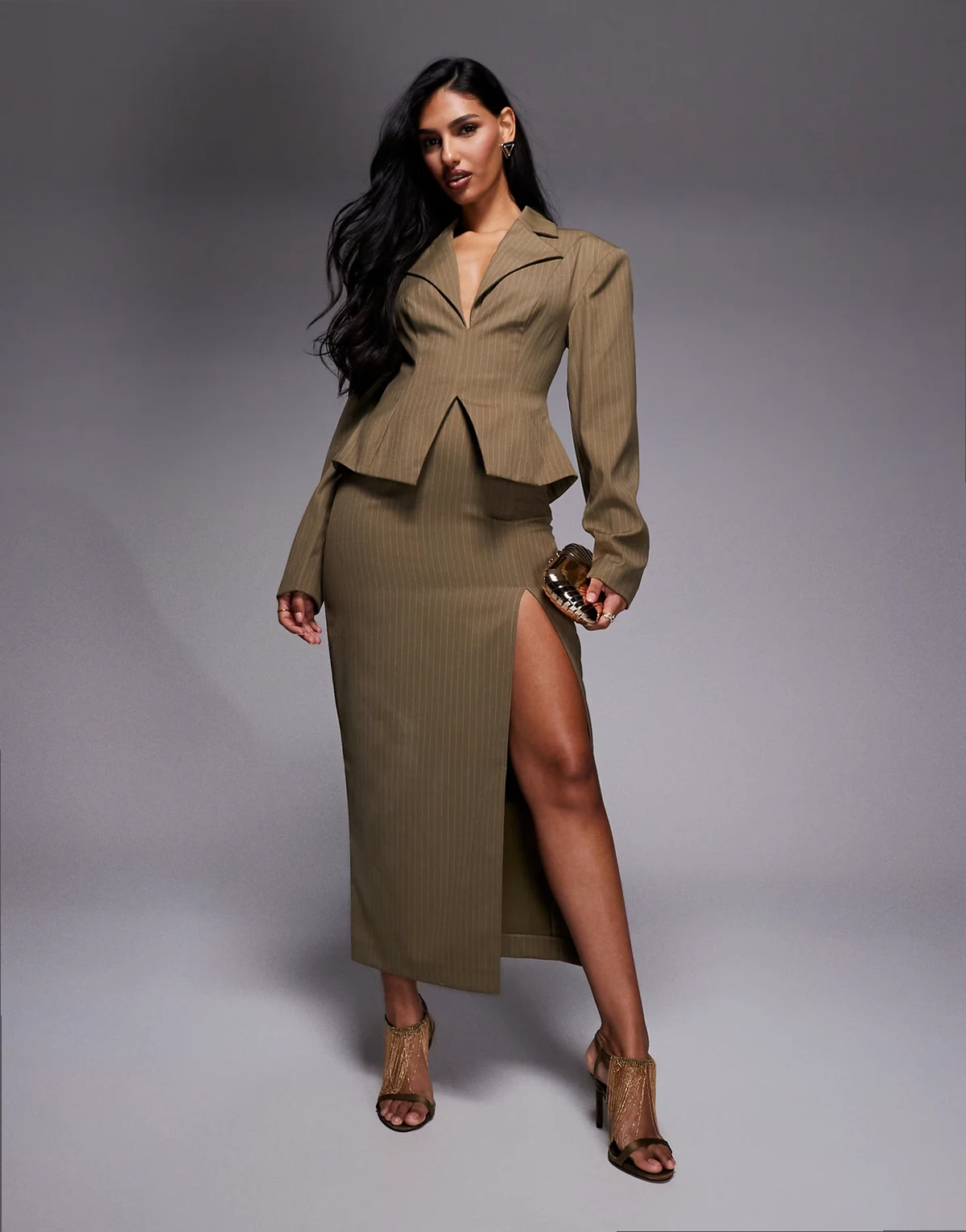 cinched blazer midi dress in khaki pinstripe
