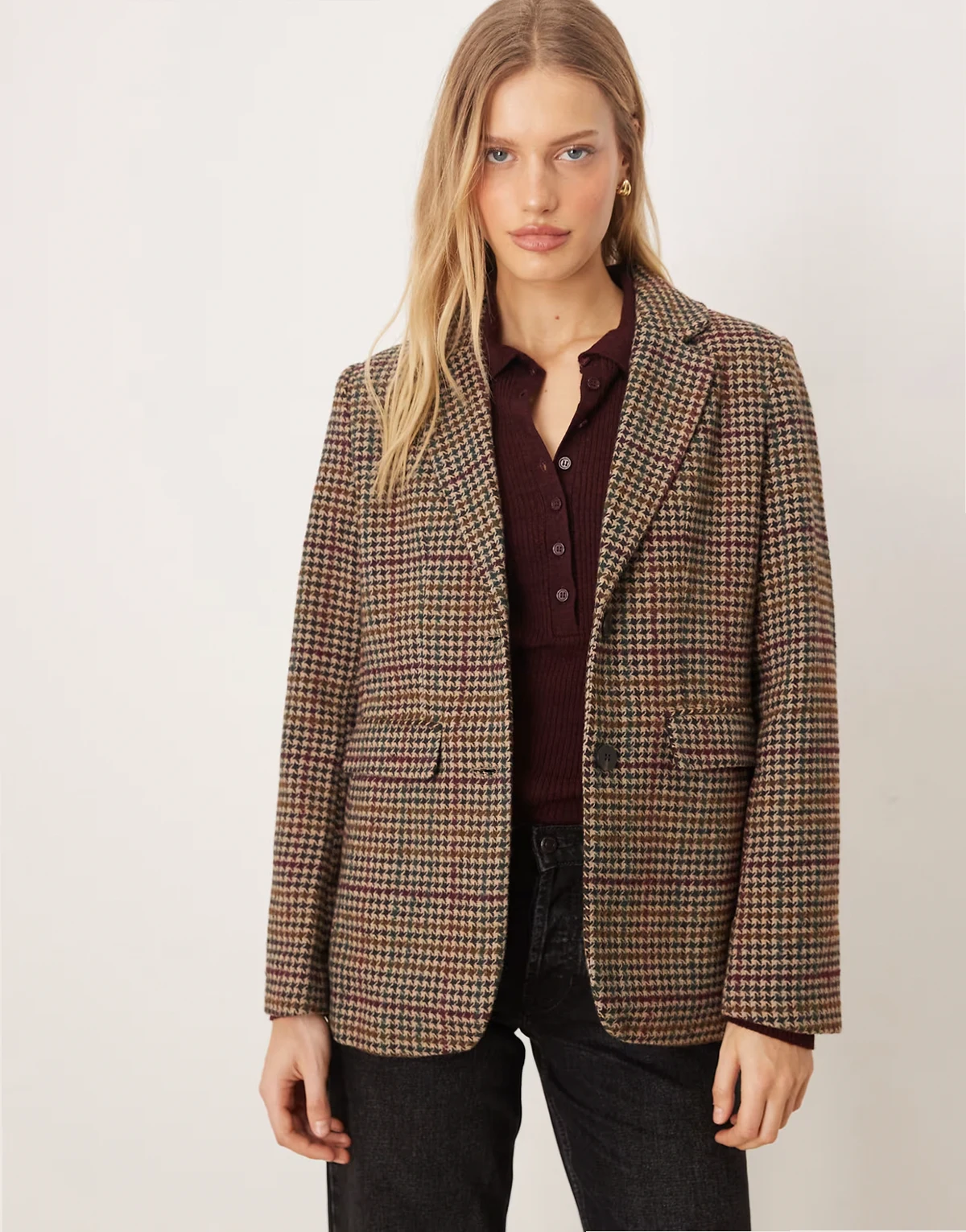 – Oversize-Blazer mit Wollstruktur in Braun kariert