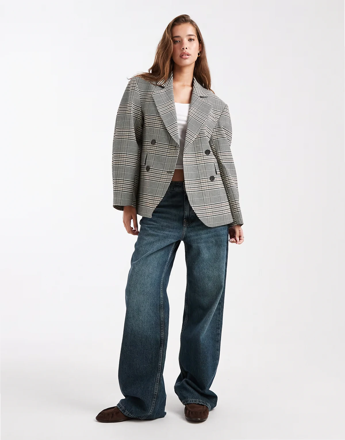 – Eleganter, zweireihiger Blazer mit Cocoon-Ärmeln und Karomuster