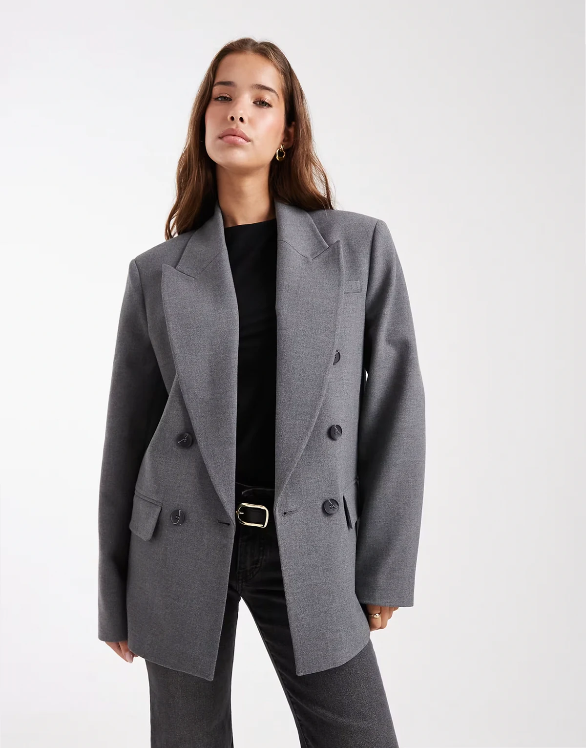 – Eleganter, zweireihiger Blazer in meliertem Grau mit stark betonter Schulterpartie