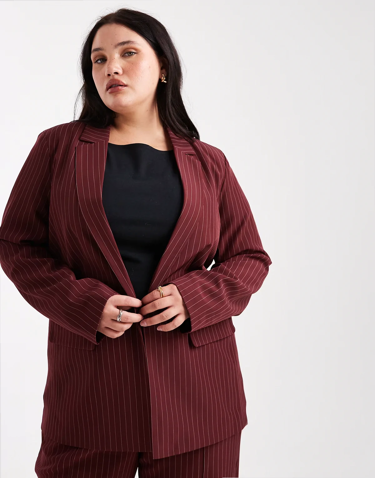 Pieces Curve tailored blazer in burgundy pinstripe - part of a set
