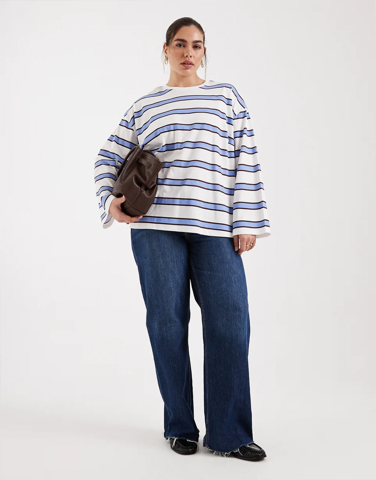 Pieces Curve oversized rugby stripe long sleeve T-shirt in blue multi stripe