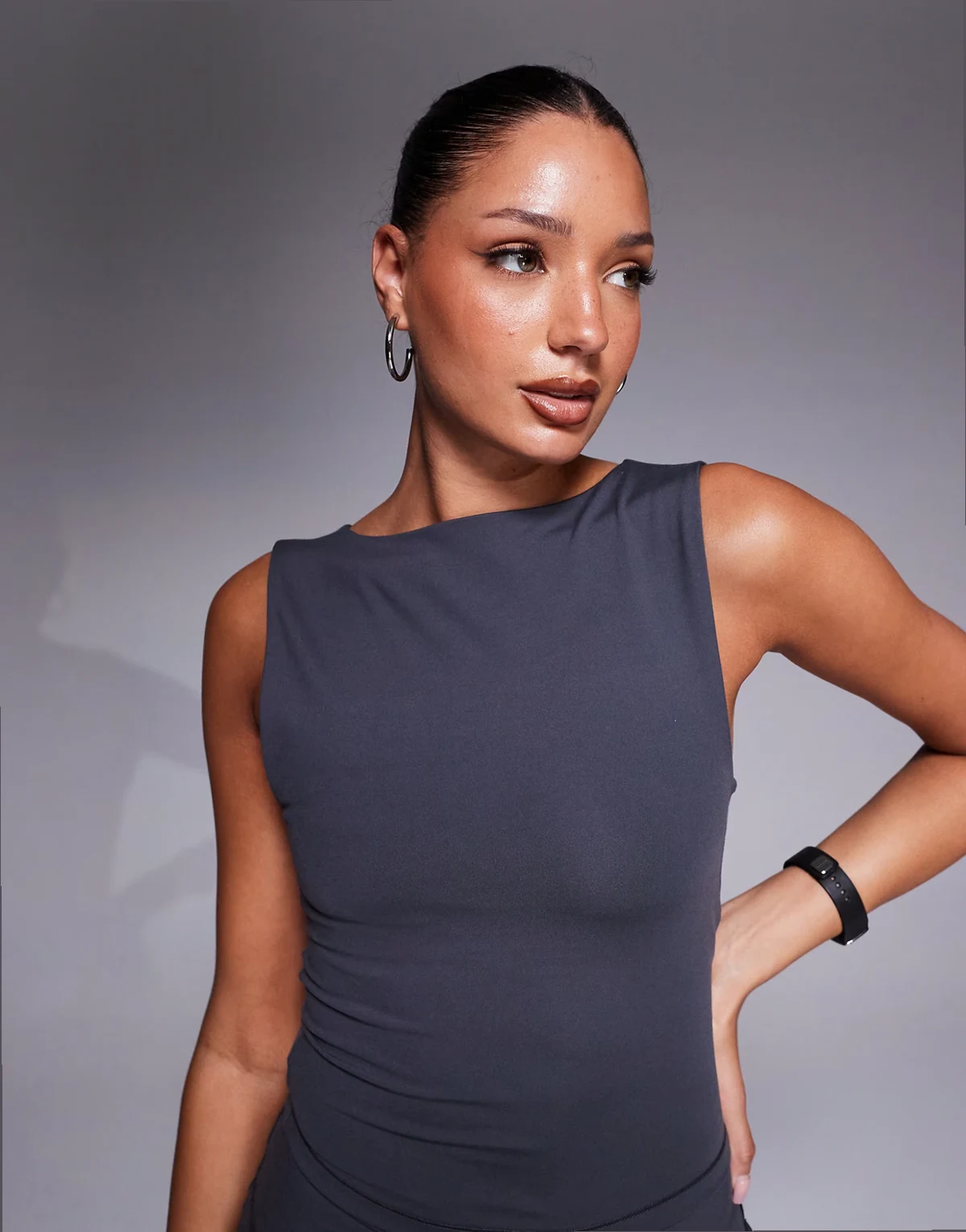 Icon soft touch boat neck tank top with shelf bra in iron gray