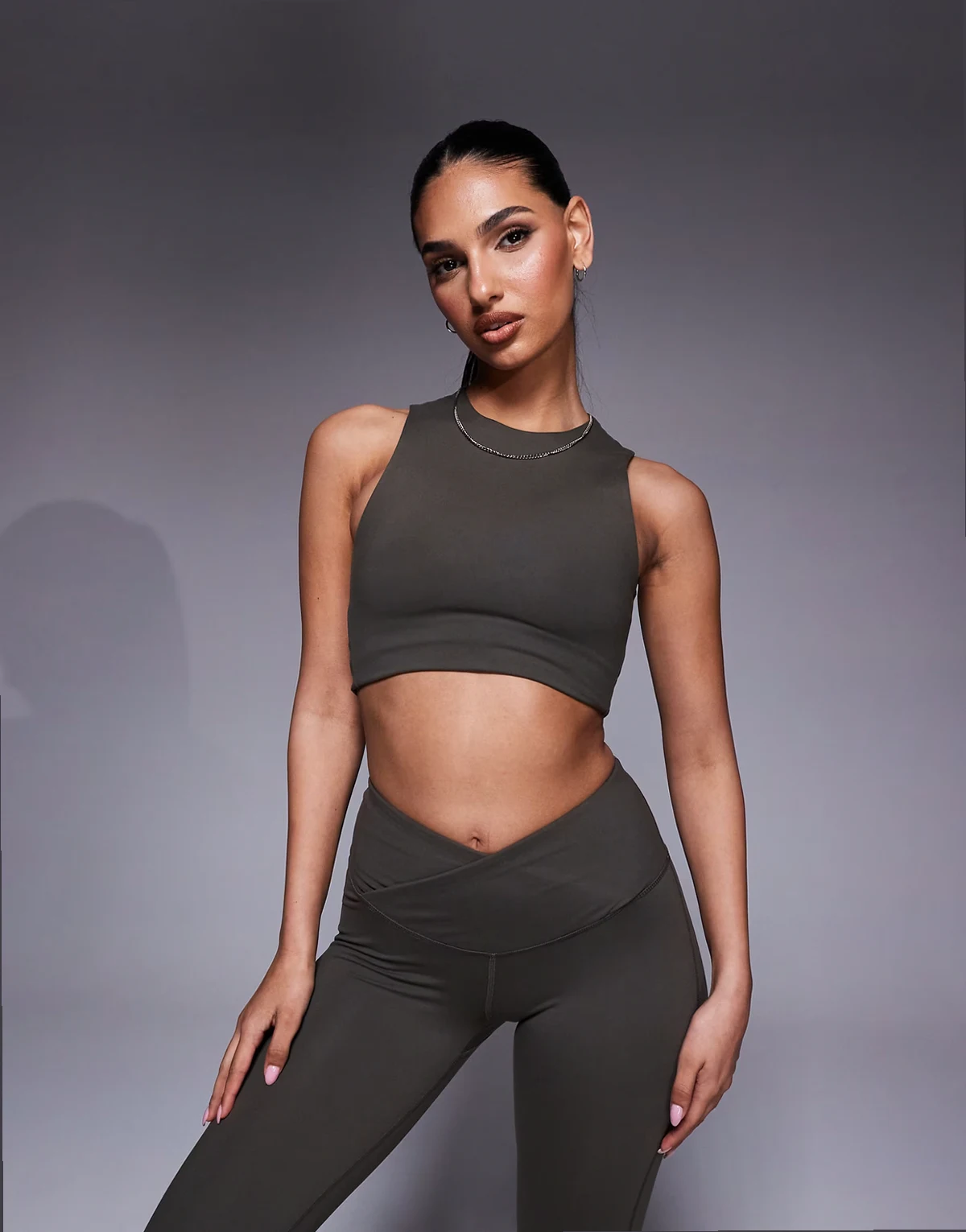 Icon soft touch high neck tank top with shelf bra in dark olive