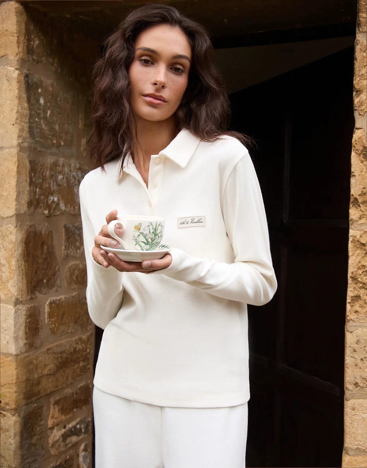 ribbed collared long sleeve top in cream - part of a set